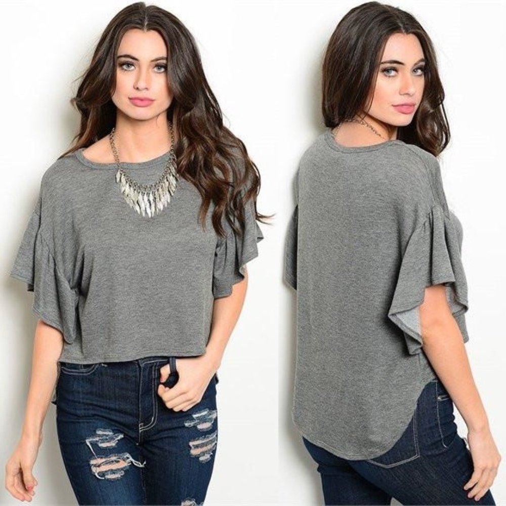 Ruffle Sleeves Knit High Low Crop Top | Gray